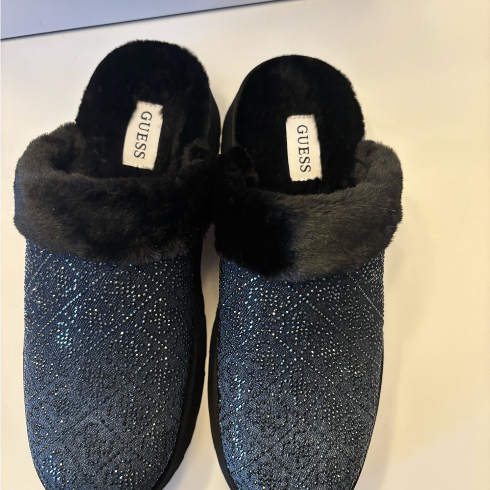 GUESS Glittery Black Fur Slippers